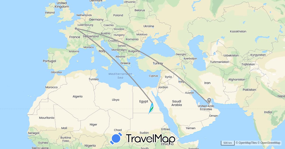 TravelMap itinerary: bus, plane, boat in United Arab Emirates, Egypt, France (Africa, Asia, Europe)